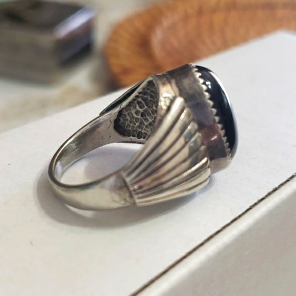 Sold NATIVE AMERICAN ONYX MAN STERLING WEDDING RING ENGAGEMENT STUNNING - Picture 3 of 5
